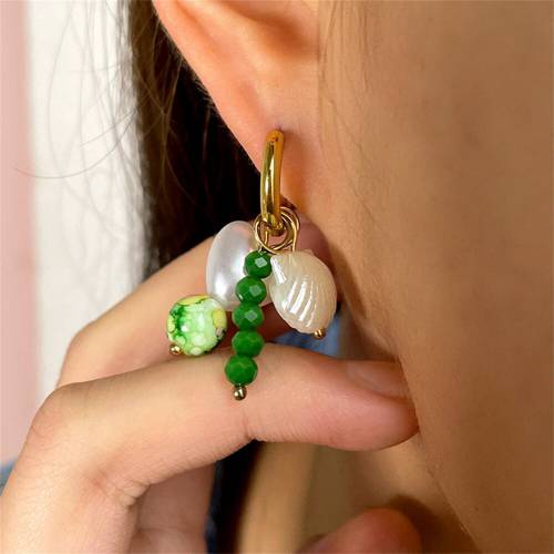 New Heart Pearl Natural Shell Stainless Steel Hoop Earring For Women Green Glass Beaded Charm Circle Earring 2022 Trendy Jewelry
