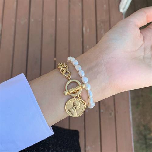 New style in2020 fashionable hip-hop character metal abstract coin natural pearl bracelet pendantwomen bracelet girl party gift