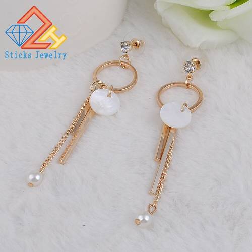 New Women‘s Fashion Drop Earring Gold Elegant Long Earrings Girls Geometric Round Pearl Natural ShellJewelry Gift