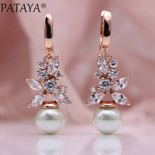 PATAYA New Shell Pearls Long Dangle Earrings Women Fashion White Round Horse Eye Natural Zircon 585 Rose Gold Wedding Jewelry