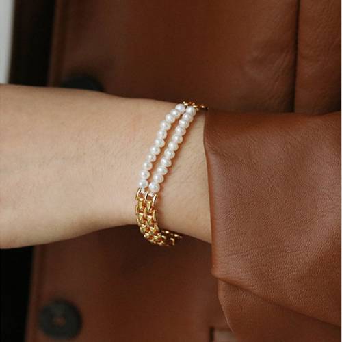 Peri‘sbox Mix 2 Layered Natural Freshwater Pearl Bracelet Wide Watch Strap Chunky Chain Bracelets for Women Luxury Jewelry