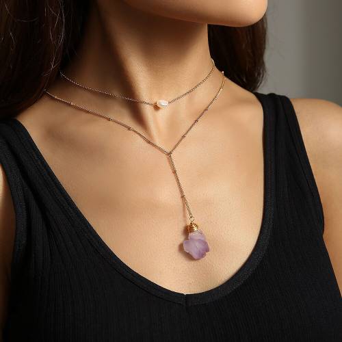 Purple Natural Stone Freshwater Pearl Multilayer Pendant Necklace For Women Gold Color Vintage Simple Women‘s Necklace Jewelry