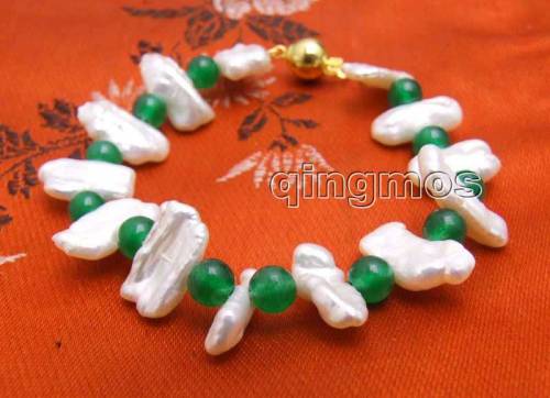 Qingmo12-15mm Natural Freshwater Biwa White Pearl Bracelet for Women with 6mm Round Green Jades Bracelet 75‘‘ bra329