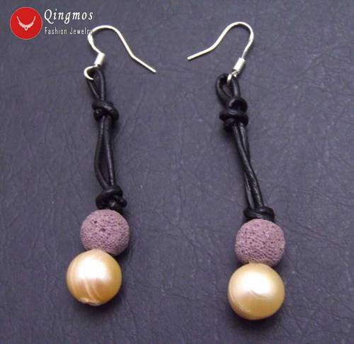 Qingmos 10-11mm Potato Natural FreshWater Pink Pearl Earring for Women with Purple Lava Rock Dangle Earring Leather Cord Earring