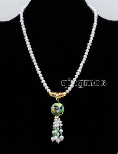 Qingmos 5-6mm Round Natural White Pearl Necklace for Women with 18mm Cloisonne Green Crystal Pendant Necklace Chokers 18‘‘ n6330