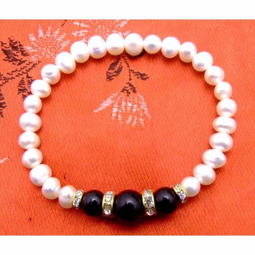 Qingmos 6-7mm Round Natural White Pearl Bracelet for Women with Black Round Natural Agate Stone Bracelet 75 Jewelry Bra285