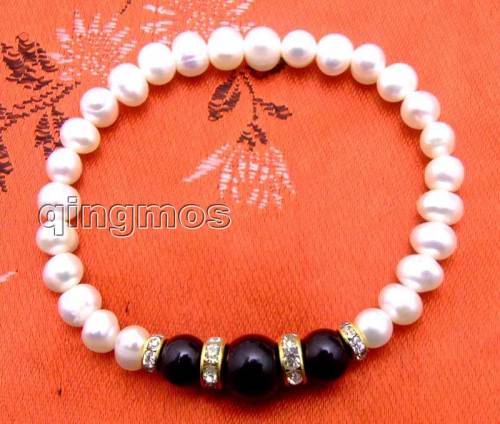 Qingmos 6-7mm Round Natural White Pearl Bracelet for Women with Rose Round Natural Black Agate Bracelet 75 Jewelry Bra285