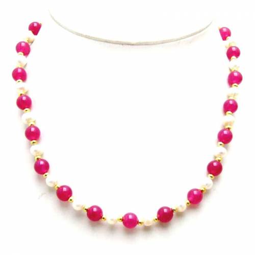 Qingmos 6-7mm Round Natural White Pearl Necklace for Women with Natural Rose Red Jades Stone Necklace Jewelry 75 nec6049