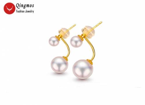 Qingmos AAA White 6-8mm Round Natural Pearl Double Front Back Earrings for Women with Solid Gold Ear Stud Fine Jewelry ear694