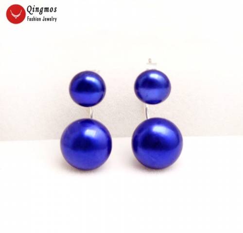 Qingmos Front Back Natural Pearl Earrings for Women with 8-11mm Blue Flat Round Pearl Dangle Double Sided Earrings Fine Jewelry