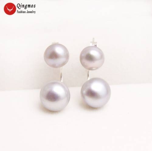 Qingmos Front Back Natural Pearl Earrings for Women with 8-11mm Gray Flat Round Pearl Double Sided Earring Fine Jewelry ear702