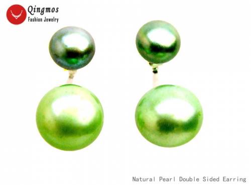 Qingmos Front Back Pearl Earrings for Women with 8-11mm Flat Natural Dark Green Pearl Dangle Double Sided Earring Stud Jewelry