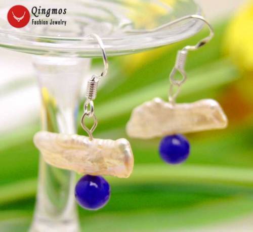Qingmos Natural 12-15mm Pink Freshwater Biwa Pearl Earrings for Women with 6mm Round Blue Jades Beads Dangle Hook Earring-ea466