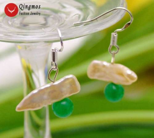 Qingmos Natural 12-15mm Pink Freshwater Biwa Pearl Earrings for Women with 6mm Round Green Jades Beads Dangle Hook Earring-ea467