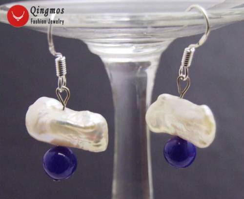 Qingmos Natural 12-15mm White Freshwater Biwa Pearl Earrings for Women with 6mm Round Blue Jades Beads Dangle Hook Earring-ea443