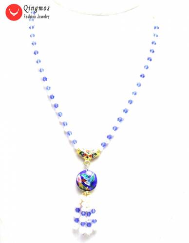 Qingmos Natural 5-6mm Round White Pearl Necklace for Women with Blue Crystal & 18mm Cloisonne Pendant Necklace Jewelry Nec6328