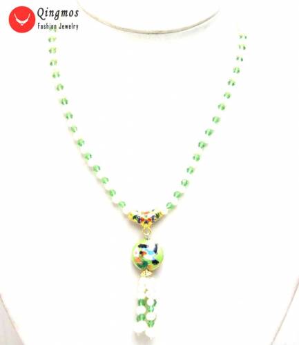 Qingmos Natural 5-6mm Round White Pearl Necklace for Women with Green Crystal & 18mm Cloisonne Pendant Necklace Jewelry Nec6327