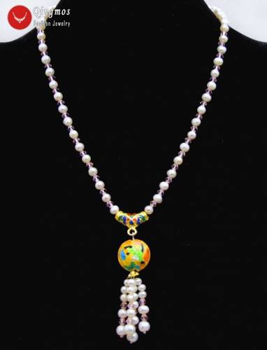 Qingmos Natural 5-6mm Round White Pearl Necklace for Women with Pink Crystal & 18mm Cloisonne Pendant Necklace Jewelry Nec6326