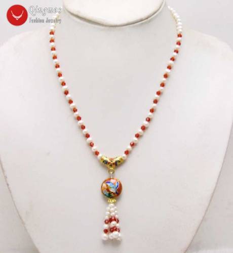 Qingmos Natural 5-6mm Round White Pearl Necklace for Women with Red Crystal & 18mm Cloisonne Pendant Necklace Jewelry Nec6387