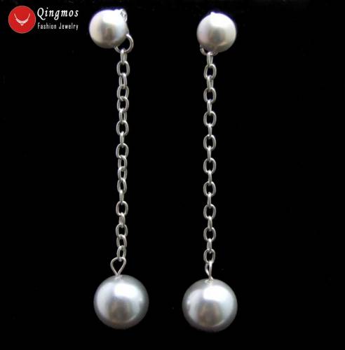 Qingmos Natural Pearl Earring for Women with Gray 7-8mm Flat Round Pearl & Dangle 12mm Sea Shell Pearl Earrings Jewelry ear561