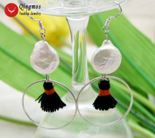 Qingmos Natural Pearl Earrings for Women with 13-14mm White Coin Pearl and Metal Ring Dangle Black Tassel Earring Jewelry Ear638