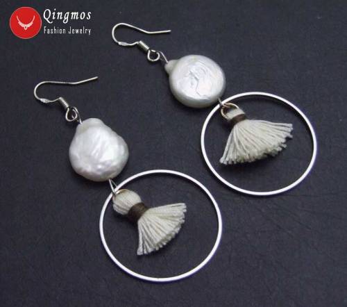Qingmos Natural Pearl Earrings for Women with 13-14mm White Coin Pearl and Metal Ring Dangle Pink Tassel Earring Jewelry ear640