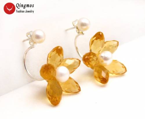 Qingmos Natural Pearl Earrings for Women with 5-6mm White Pearl & Orange Flower Crystal Earring Double Sided Ear Stud Jewelry