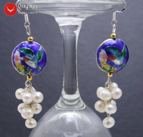 Qingmos Natural Pearl Earrings for Women with 6-7mm White Pearl & 18mm Blue Dangle Cloisonne Earrings for Women Jewelry ear515