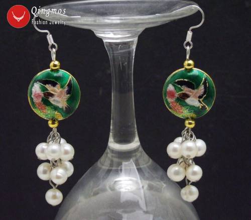 Qingmos Natural Pearl Earrings for Women with 6-7mm White Pearl and 18mm Dark Green Dangle Cloisonne Earrings for Women Jewelry