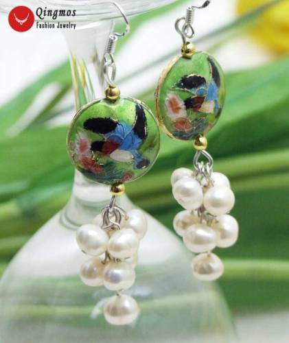 Qingmos Natural Pearl Earrings for Women with 6-7mm White Pearl & 18mm Green Dangle Cloisonne Earrings for Women Jewelry 514