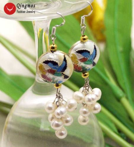 Qingmos Natural Pearl Earrings for Women with 6-7mm White Pearl & 18mm White Dangle Cloisonne Earrings for Women Jewelry ear588