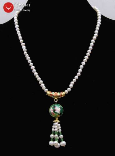 Qingmos Natural Pearl Necklace for Women with 5-6mm White Round Pearl & 18mm Dark Green Cloisonne Pendant Necklace Fine Jewelry