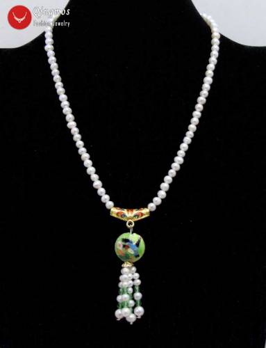 Qingmos Natural Pearl Necklace for Women with 5-6mm White Round Pearl & 18mm Green Cloisonne Pendant Necklace Fine Jewelry 18‘‘