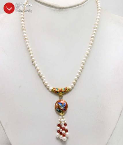 Qingmos Natural Pearl Necklace for Women with 5-6mm White Round Pearl & 18mm Red Cloisonne Pendant Necklace Fine Jewelry 18‘‘