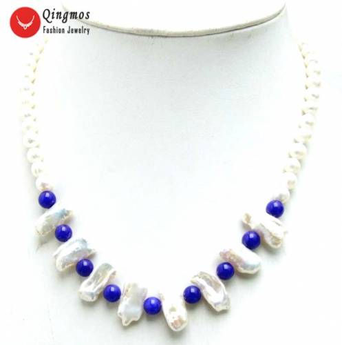 Qingmos Natural Pearl Necklace for Women with 6-7mm Round &12-15mm Biwa Pearl & 6mm Blue Jades Necklace Jewelry 17‘‘ Nec6127