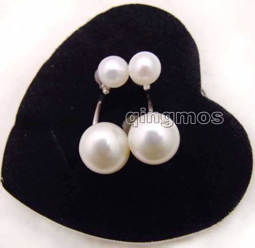 Qingmos Natural White Pearl Double Sided Ear Stud Front Back Earrings for Women with 5-6mm and 9-10mm Flat Round Pearl Earring