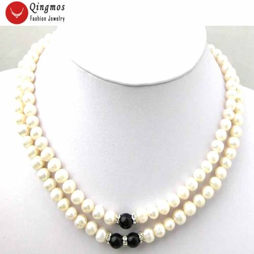 Qingmos Round 6-7mm Natural FreshWater White Pearl Necklace for Women with 8mm Black Agate 2 Strands Chokers 17-19 Jewelry