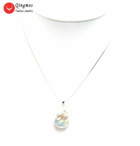 Qingmos Trendy 20mm Natural White Pearl Pendant Necklace for Women with Oval Pearl Necklace Chokers Chain Jewelry Free Box pe107