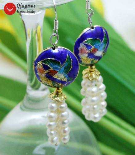 Qingmos Trendy Cloisonne & Natural 4-5mm White Pearl Earrings for Women with Blue Coin Cloisonne Hummer Dangle 25‘‘ Earring 522