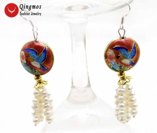 Qingmos Trendy Natural 4-5mm White Pearl & Cloisonne Earrings for Women with Red Cloisonne Hummer Dangle 25‘‘ Earring -ear586