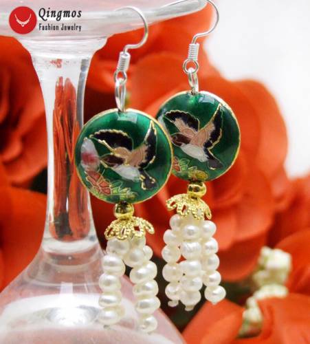 Qingmos Trendy Natural 4-5mm White Pearl & Cloisonne Women Earrings with Dark Green Cloisonne Hummer Dangle 25‘‘ Earring-ear647