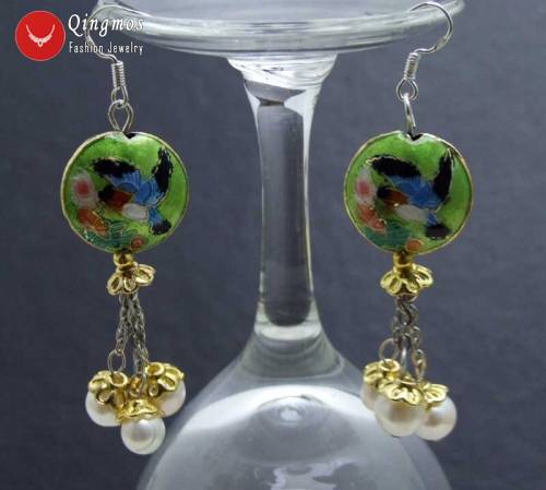 Qingmos Trendy Natural Pearl Earring for Women with 6-7mm White Pearl & 18mm Green Round Cloisonne Dangle Earring Jewelry Ear527