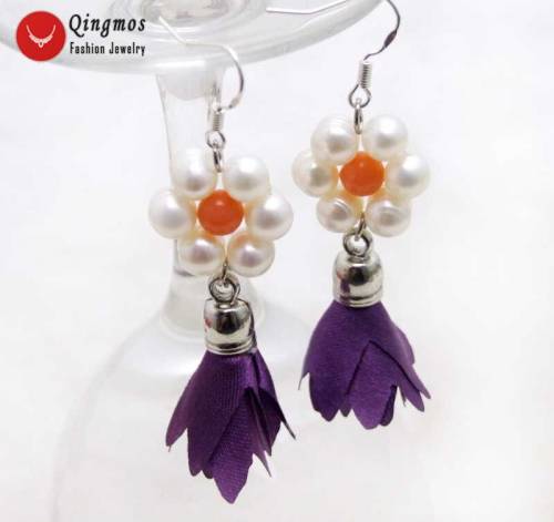 Qingmos Trendy Natural Pearl Earrings for Women with 6-7mm White Pearl & Purple Silk Flower Tassel Earring Fine Jewelry-ear590