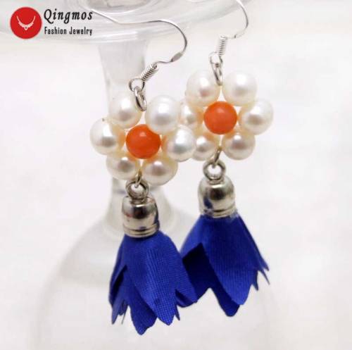 Qingmos Trendy Natural Pearl Earrings for Women with 6-7mm White Round Pearl & Blue Silk Flower Tassel Earring Fine Jewelry-e592