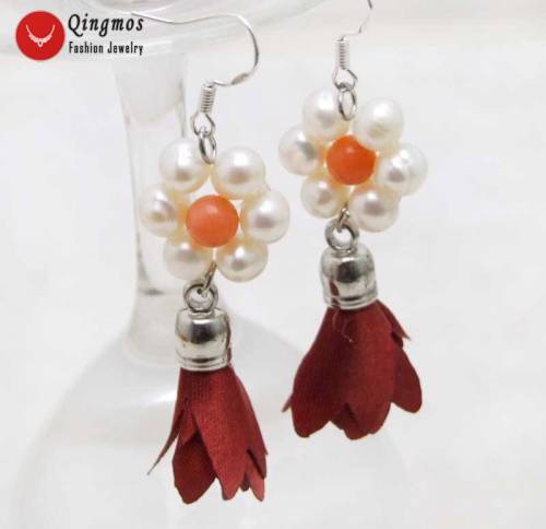 Qingmos Trendy Natural Pearl Earrings for Women with 6-7mm White Round Pearl & Red Silk Flower Tassel Earring Fine Jewelry-ea591