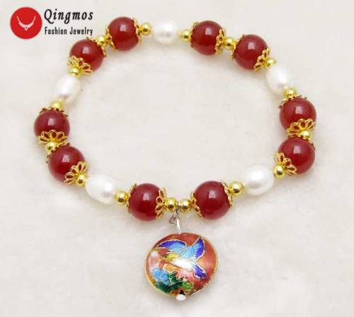 Qingmos Trendy Natural Pearl & Jades Bracelets for Women with 10mm Red Jades and White Rice Pearl & Cloisonne Bracelet -bra396