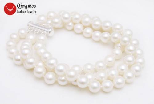 Qingmos Trendy White Akoya Pearl Bracelet for Women with AAA 6-7mm Round Natural Pearl 3 Strands 75‘‘ Bracelet & S925 Clasp-140