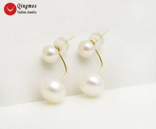Qingmos White 6-10mm Flat Round Natural Pearl Double Front Back Earrings for Women with Solid Gold Ear Stud Fine Jewelry 695