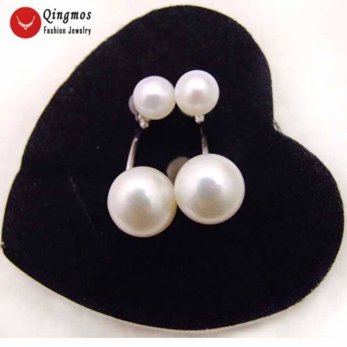 Qingmos White Front Back Pearl Earrings for Women with 8-11mm Flat Natural White Pearl Dangle Double Sided Earring Stud Jewelry