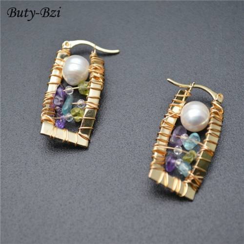 Round Natural White Pearl Mix Multi Stone Beads Rectangle Metal Winding Earrings Fashion Date Accessories Party Jewelry Gift